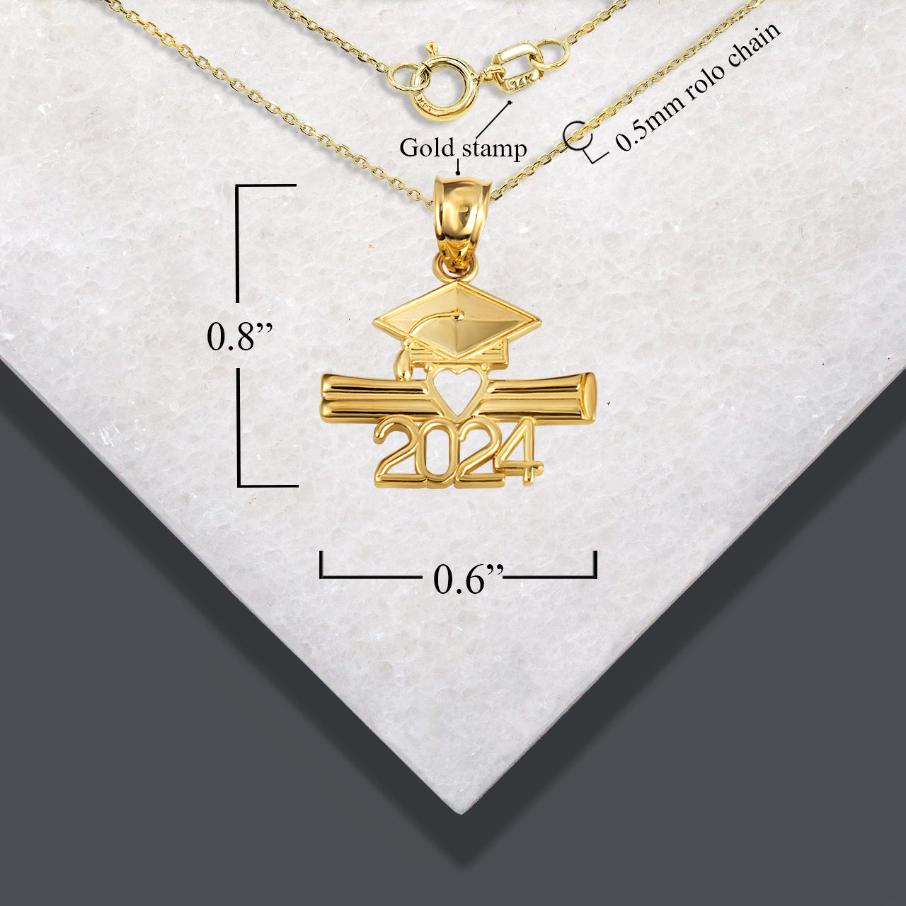 Solid Gold Class Of 2024 Graduation Cap & Diploma Heart Pendant Necklace, view 4