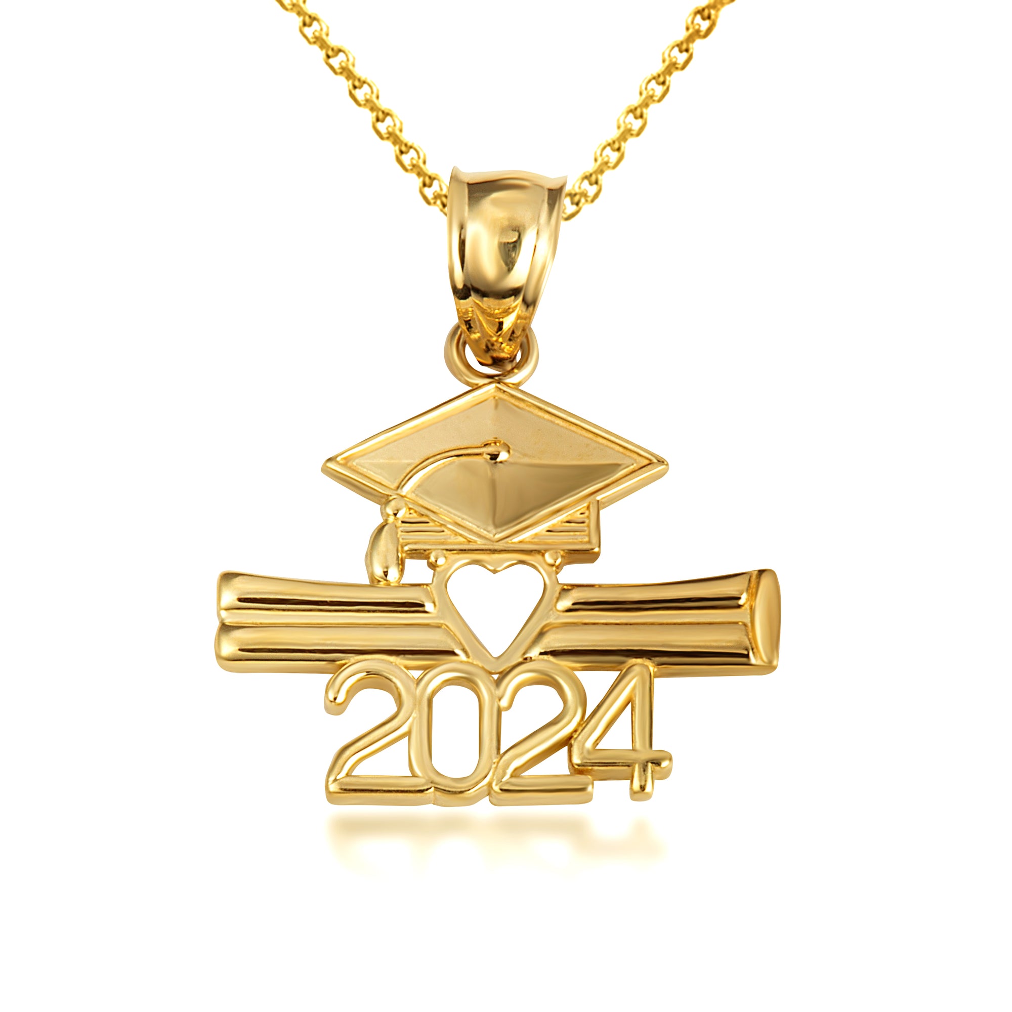 Solid Gold Class Of 2024 Graduation Cap & Diploma Heart Pendant Necklace, view 5