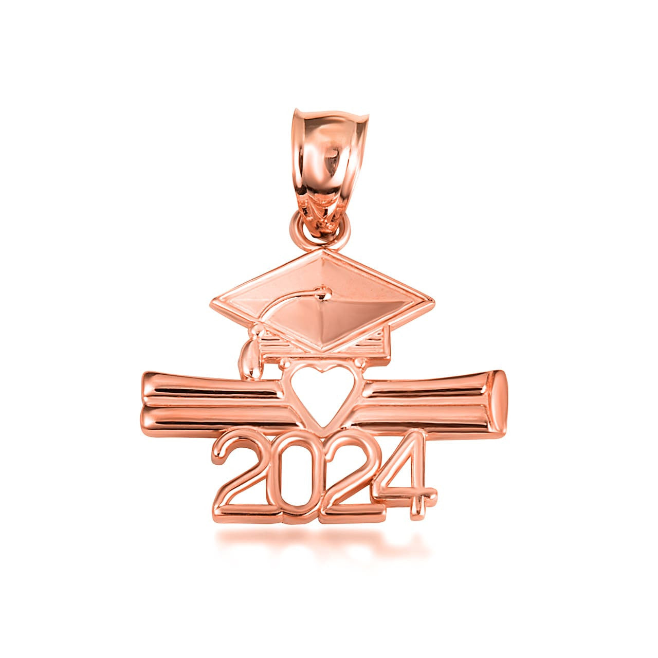 Solid Gold Class Of 2024 Graduation Cap & Diploma Heart Pendant Necklace, view 6