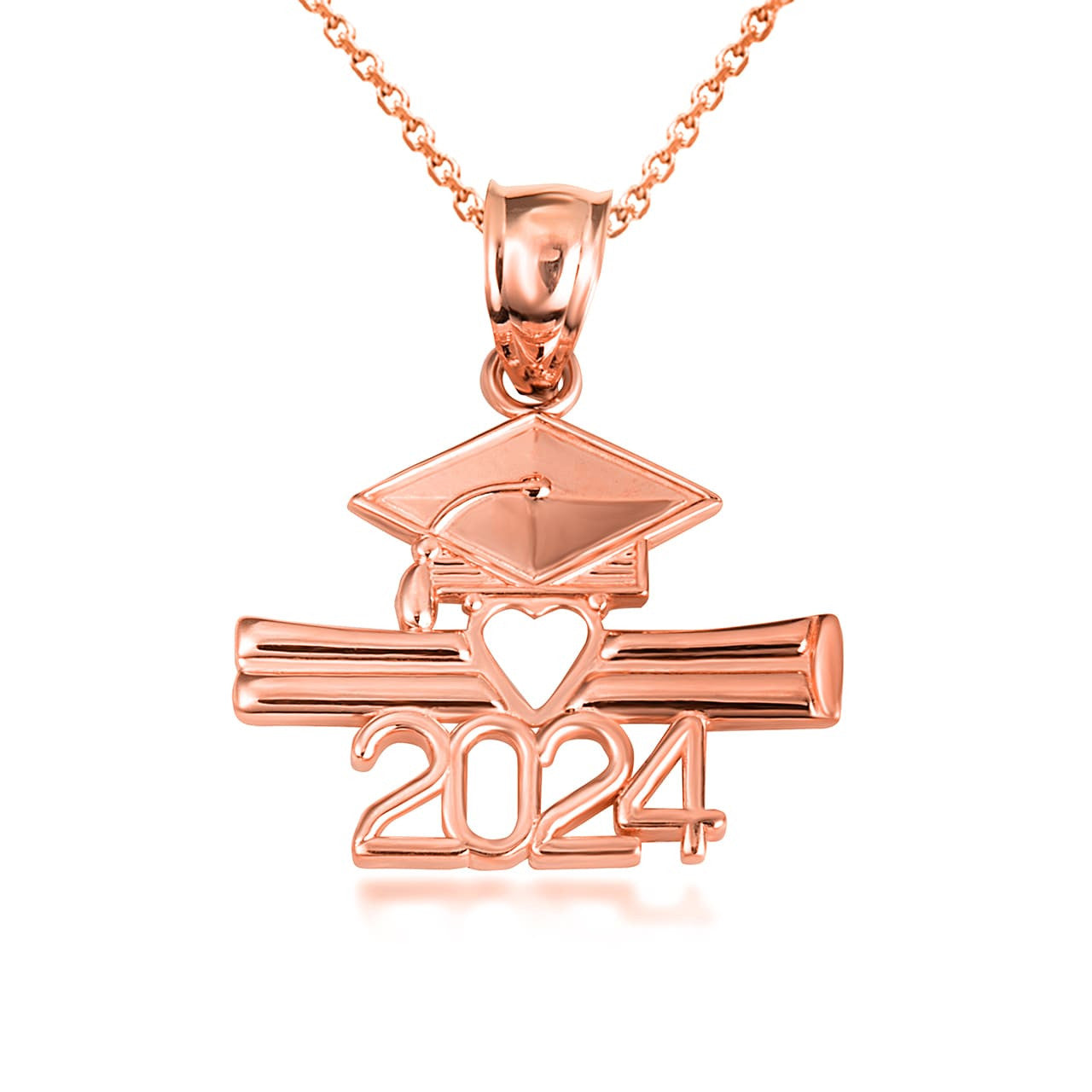 Solid Gold Class Of 2024 Graduation Cap & Diploma Heart Pendant Necklace, view 7