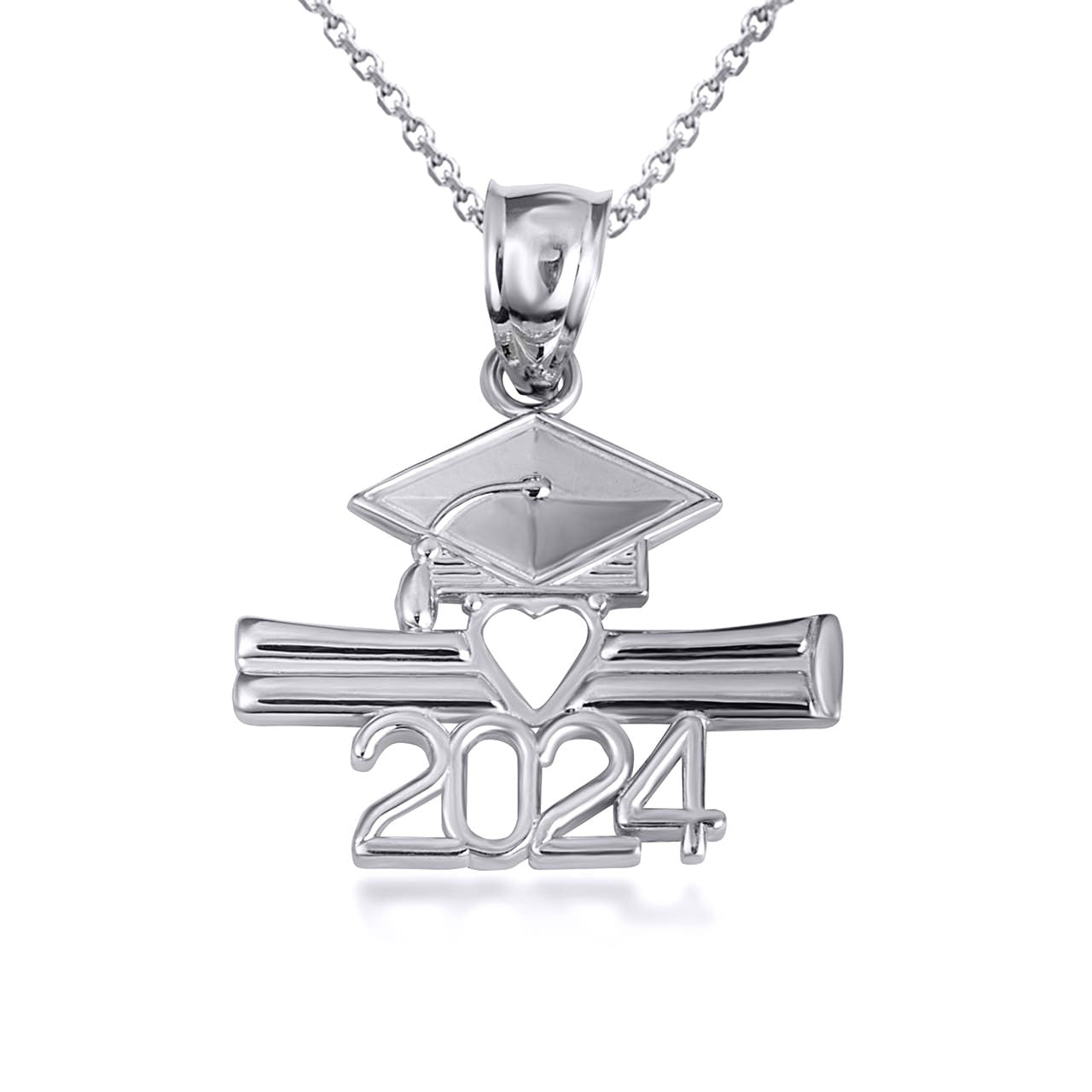Solid Gold Class Of 2024 Graduation Cap & Diploma Heart Pendant Necklace, view 9