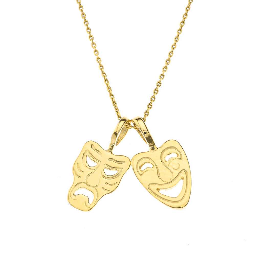 Solid Gold Comedy & Tragedy Masks (Sock & Buskin) Pendant Necklace