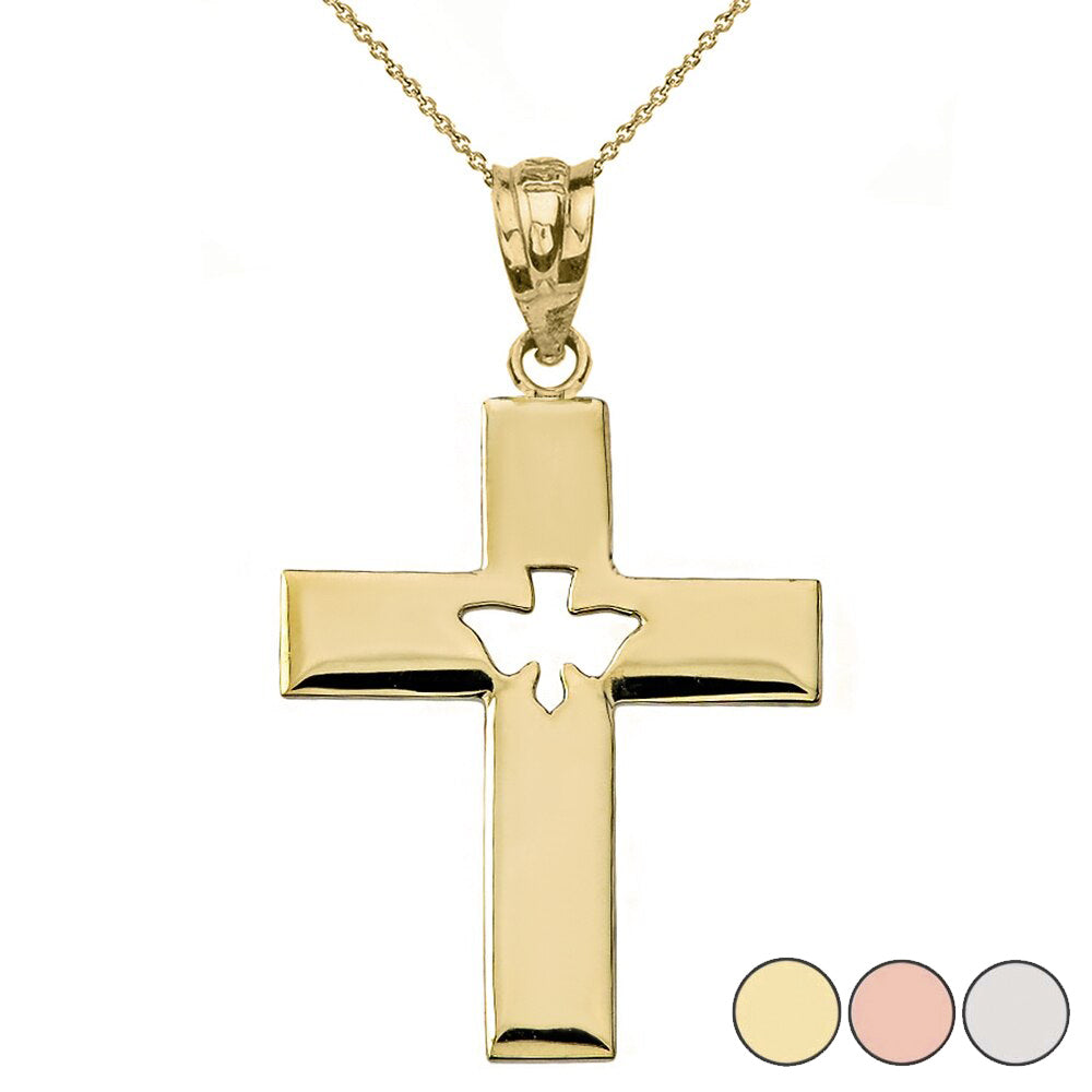 Solid Gold Cross with Dove Holy Spirit Cut Out Pendant Necklace