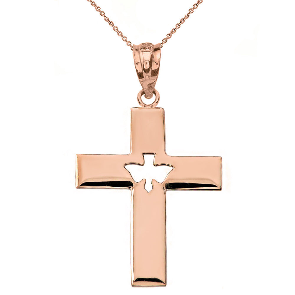 Solid Gold Cross with Dove Holy Spirit Cut Out Pendant Necklace, view 3