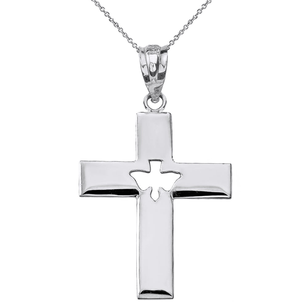 Solid Gold Cross with Dove Holy Spirit Cut Out Pendant Necklace, view 4