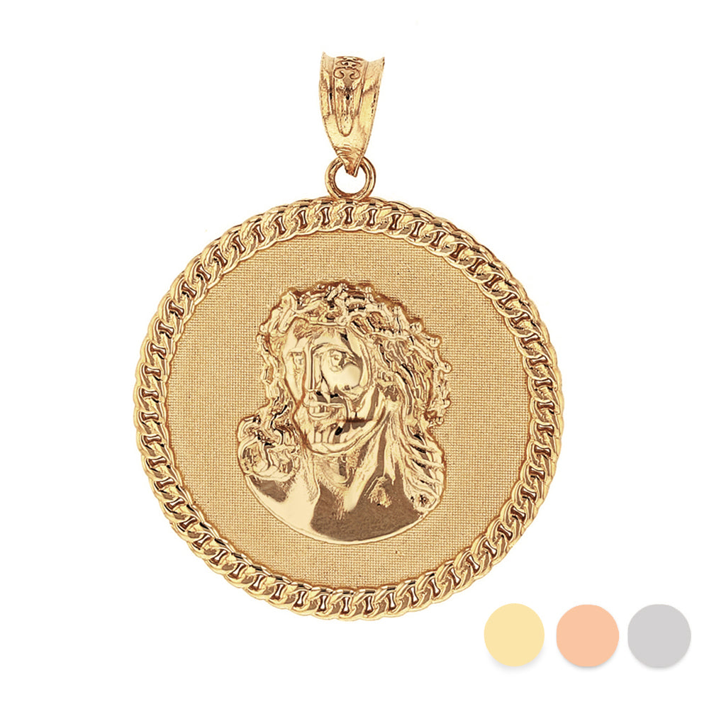Solid Gold Cuban Curb Link Frame Circle Jesus Christ Medallion Pendant Necklace