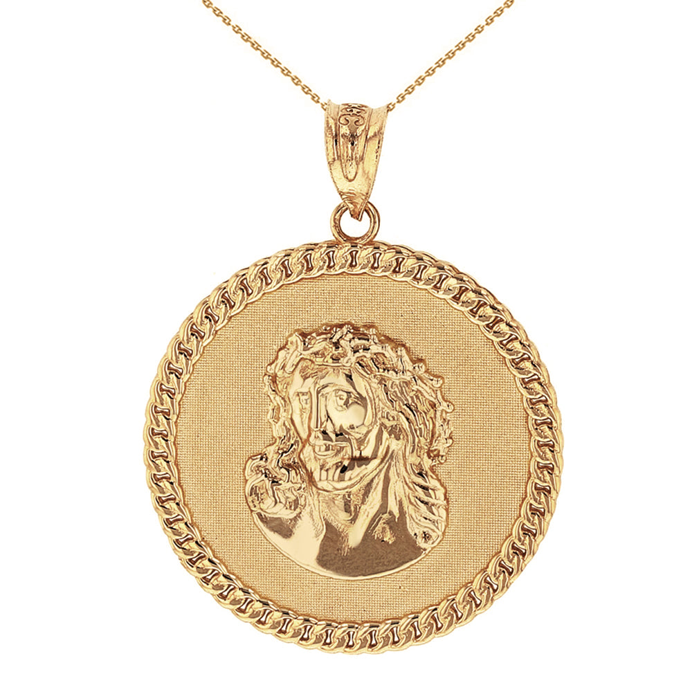 Solid Gold Cuban Curb Link Frame Circle Jesus Christ Medallion Pendant Necklace, view 2