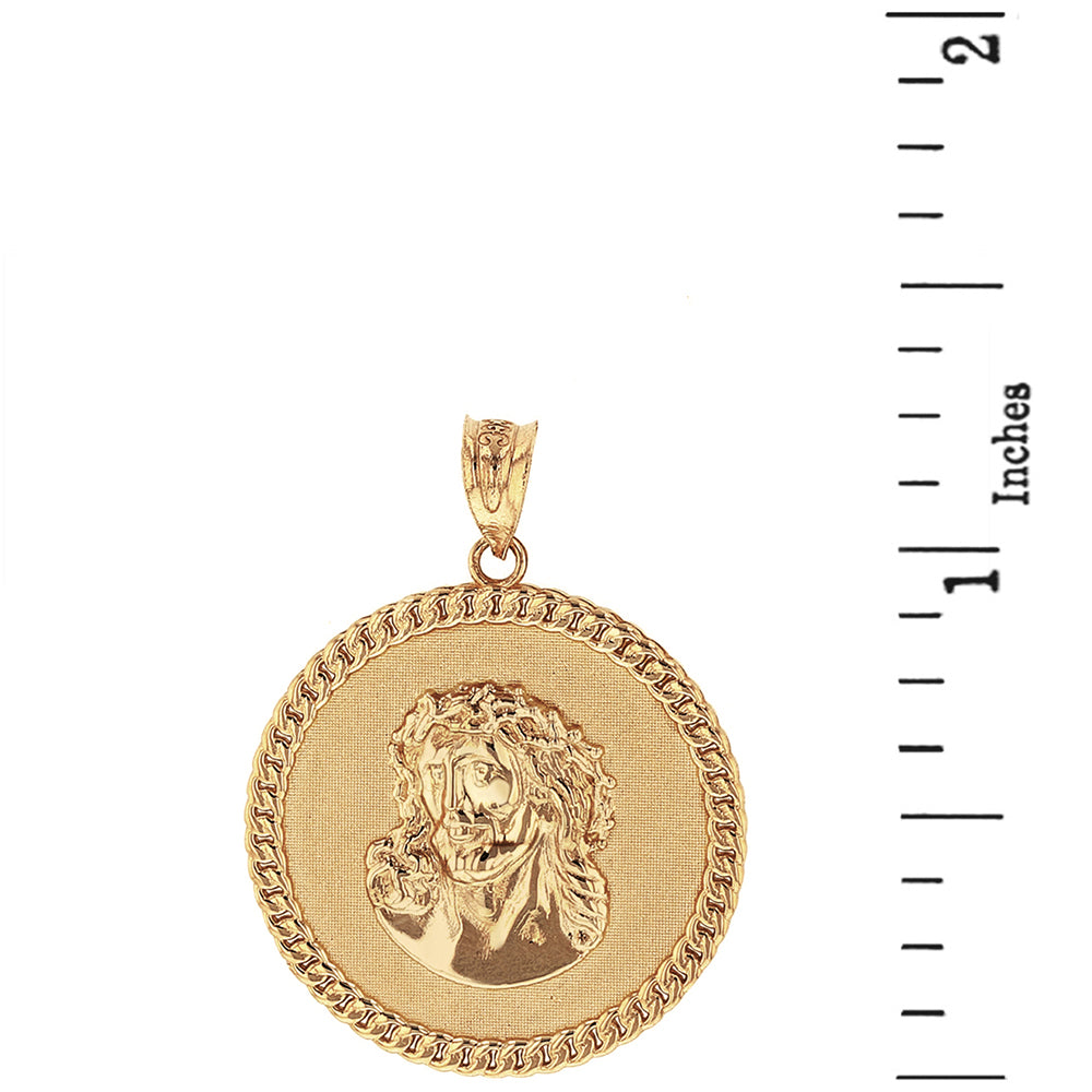 Solid Gold Cuban Curb Link Frame Circle Jesus Christ Medallion Pendant Necklace, view 3