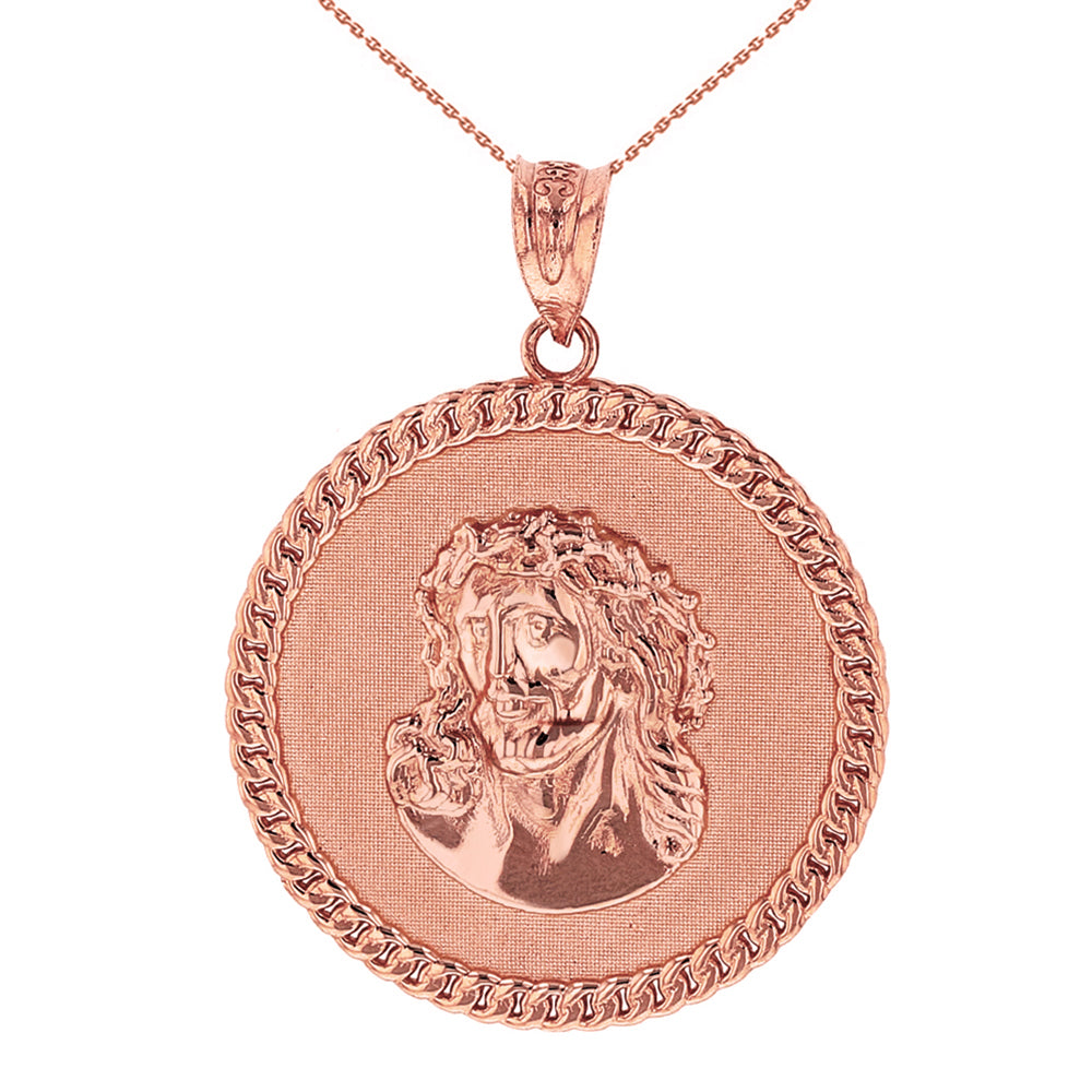 Solid Gold Cuban Curb Link Frame Circle Jesus Christ Medallion Pendant Necklace, view 4