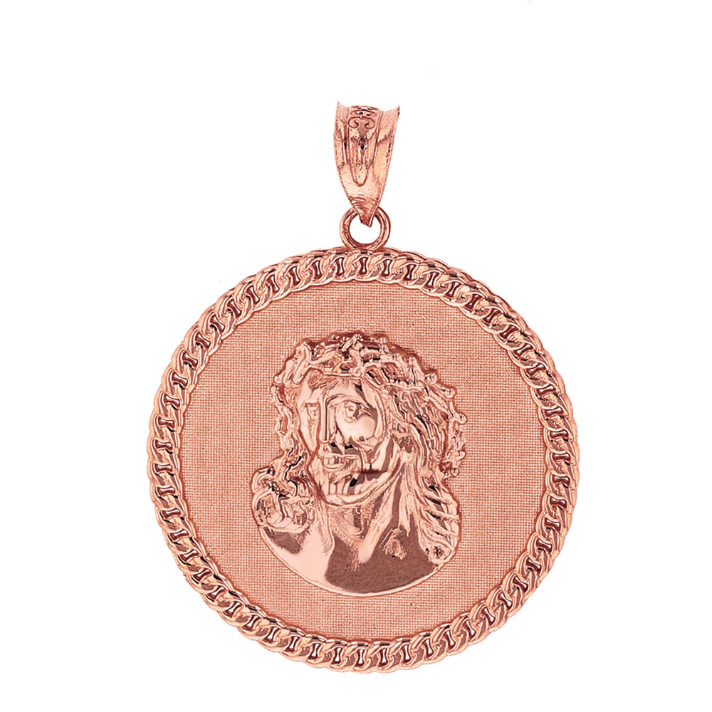 Solid Gold Cuban Curb Link Frame Circle Jesus Christ Medallion Pendant Necklace, view 5