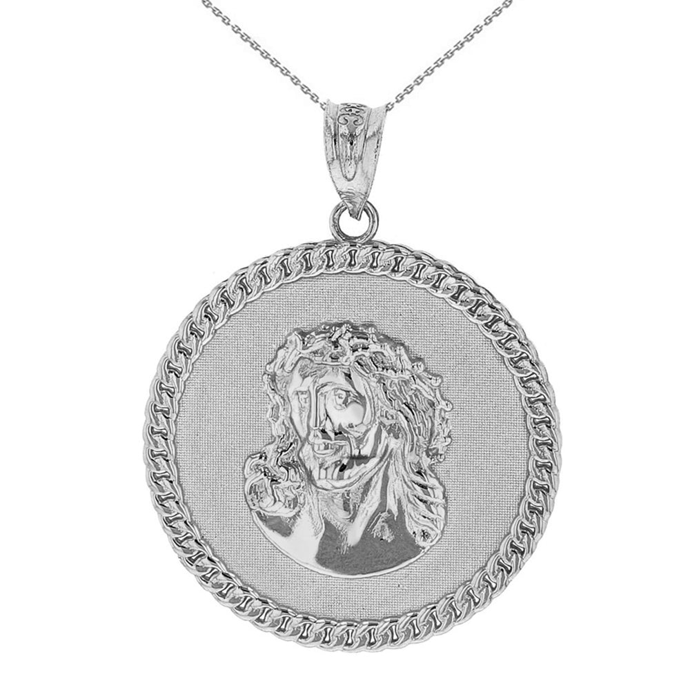 Solid Gold Cuban Curb Link Frame Circle Jesus Christ Medallion Pendant Necklace, view 6