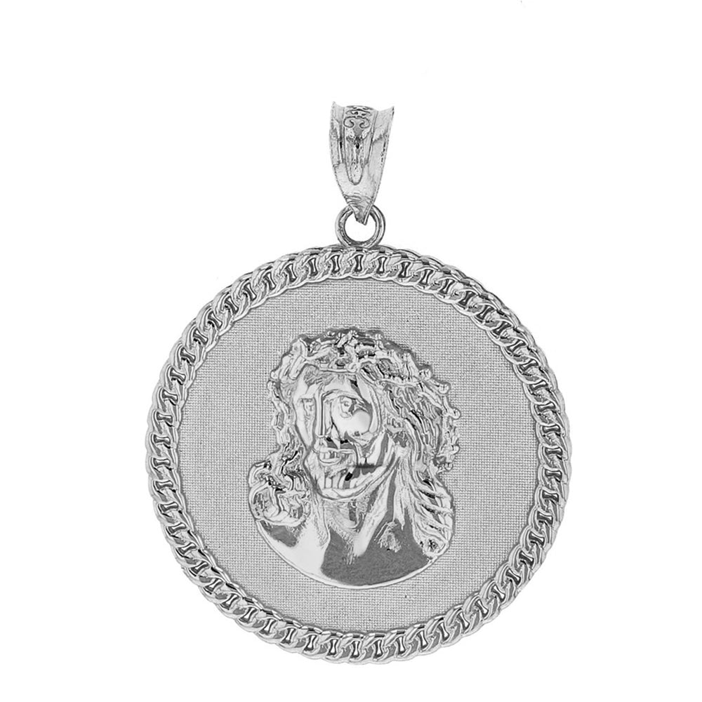 Solid Gold Cuban Curb Link Frame Circle Jesus Christ Medallion Pendant Necklace, view 7