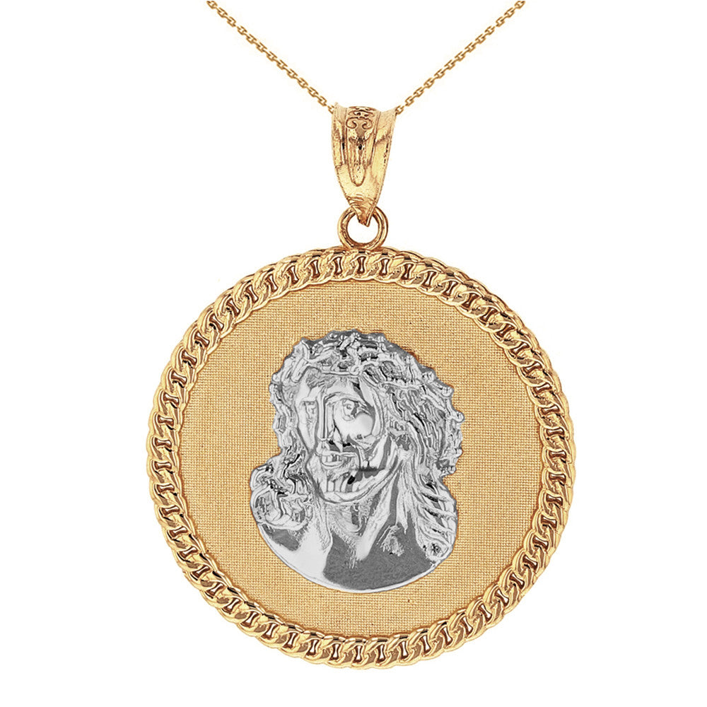 Solid Gold Cuban Curb Link Frame Circle Jesus Christ Medallion Pendant Necklace, view 8