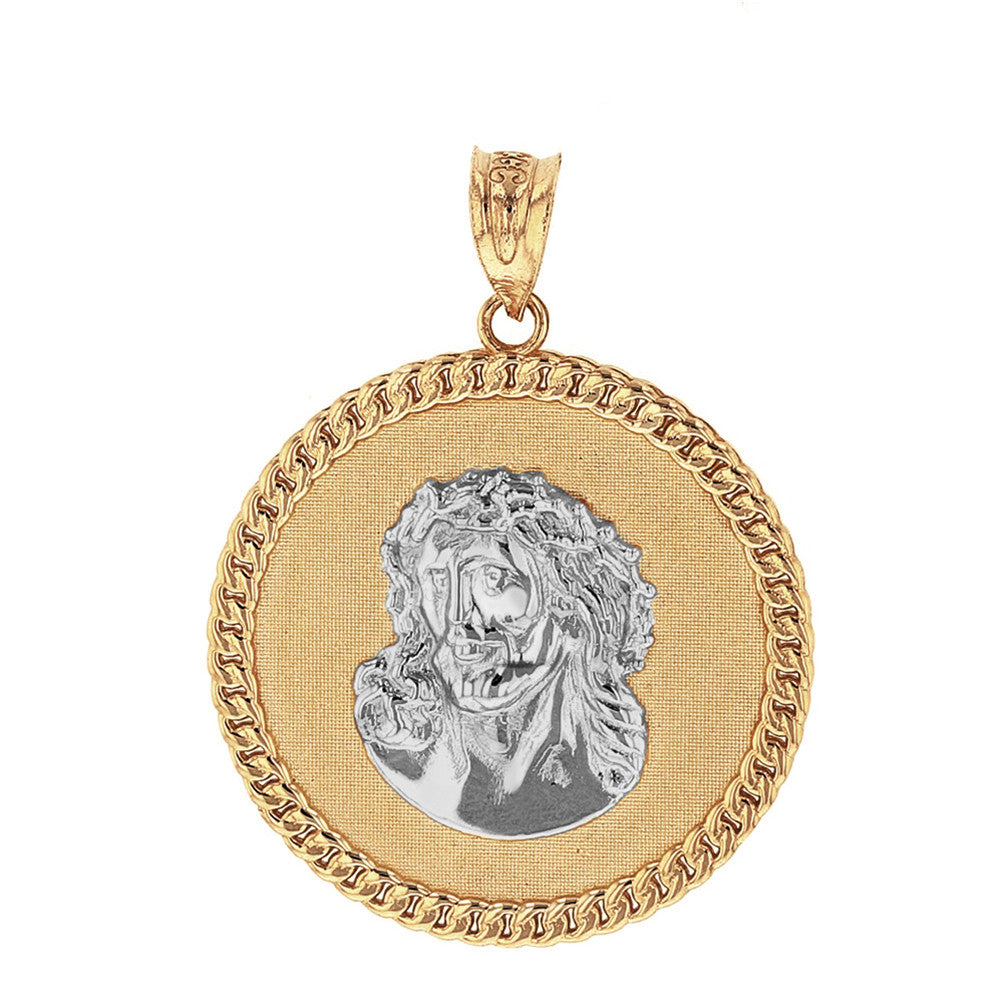 Solid Gold Cuban Curb Link Frame Circle Jesus Christ Medallion Pendant Necklace, view 9