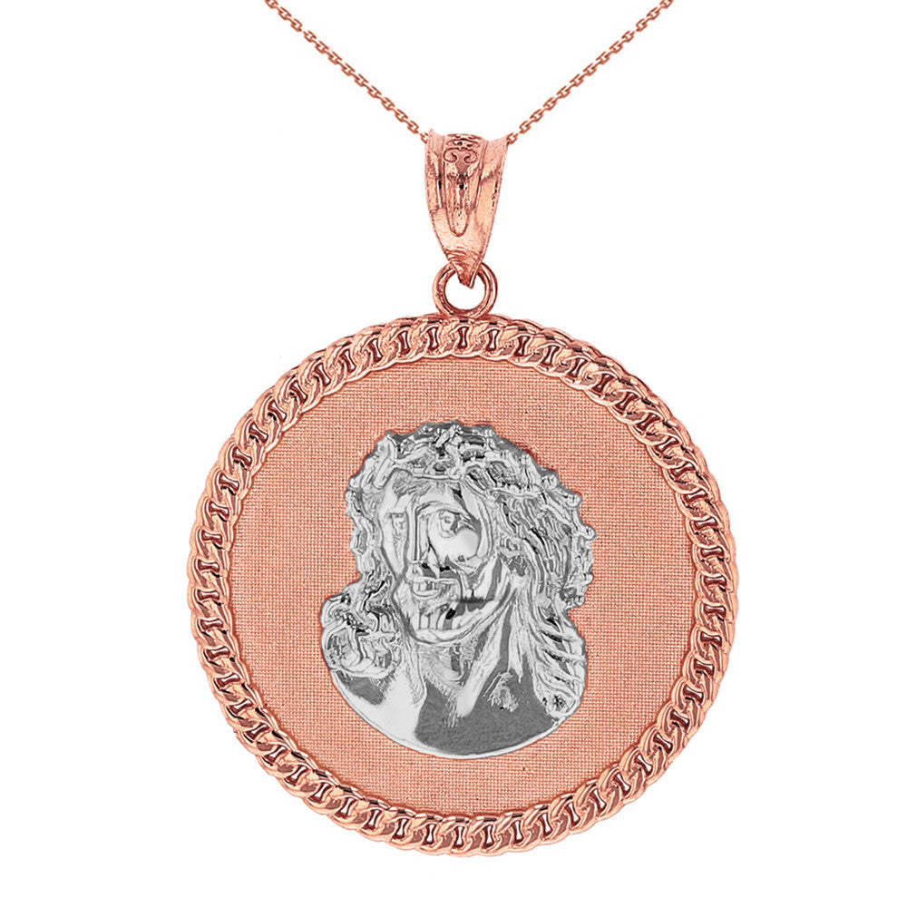 Solid Gold Cuban Curb Link Frame Circle Jesus Christ Medallion Pendant Necklace, view 10