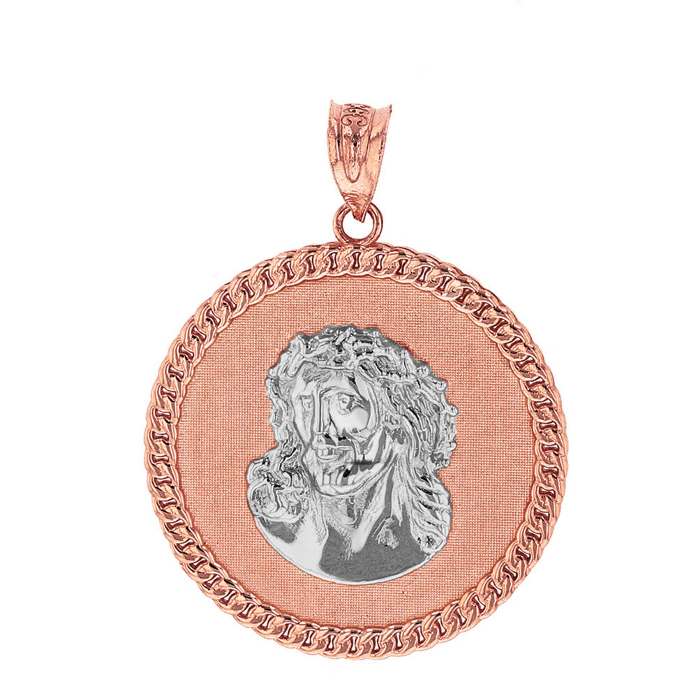 Solid Gold Cuban Curb Link Frame Circle Jesus Christ Medallion Pendant Necklace, view 11