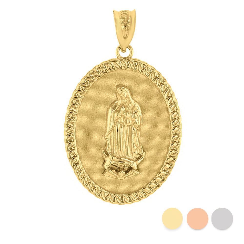 Solid Gold Cuban Link Framed Virgen de Guadalupe Oval Medallion Pendant Necklace (1.29")