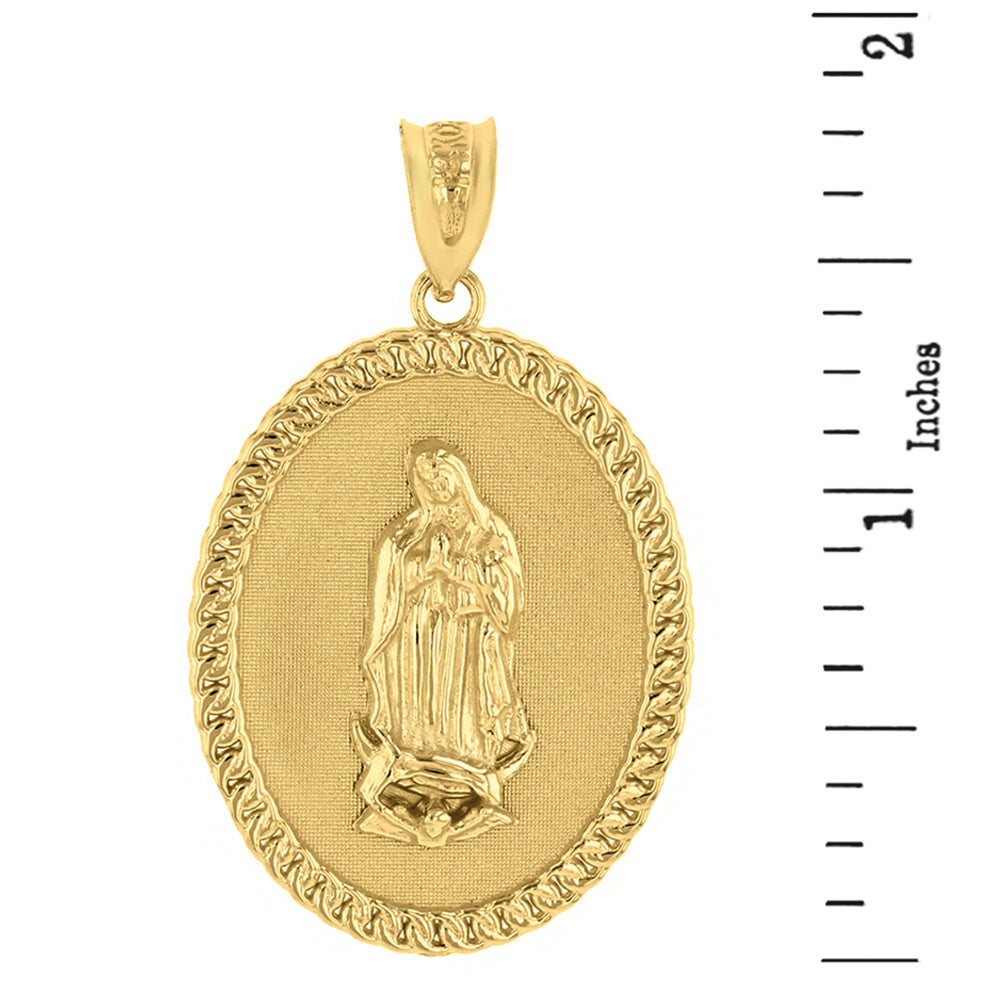 Solid Gold Cuban Link Framed Virgen de Guadalupe Oval Medallion Pendant Necklace (1.29"), view 3