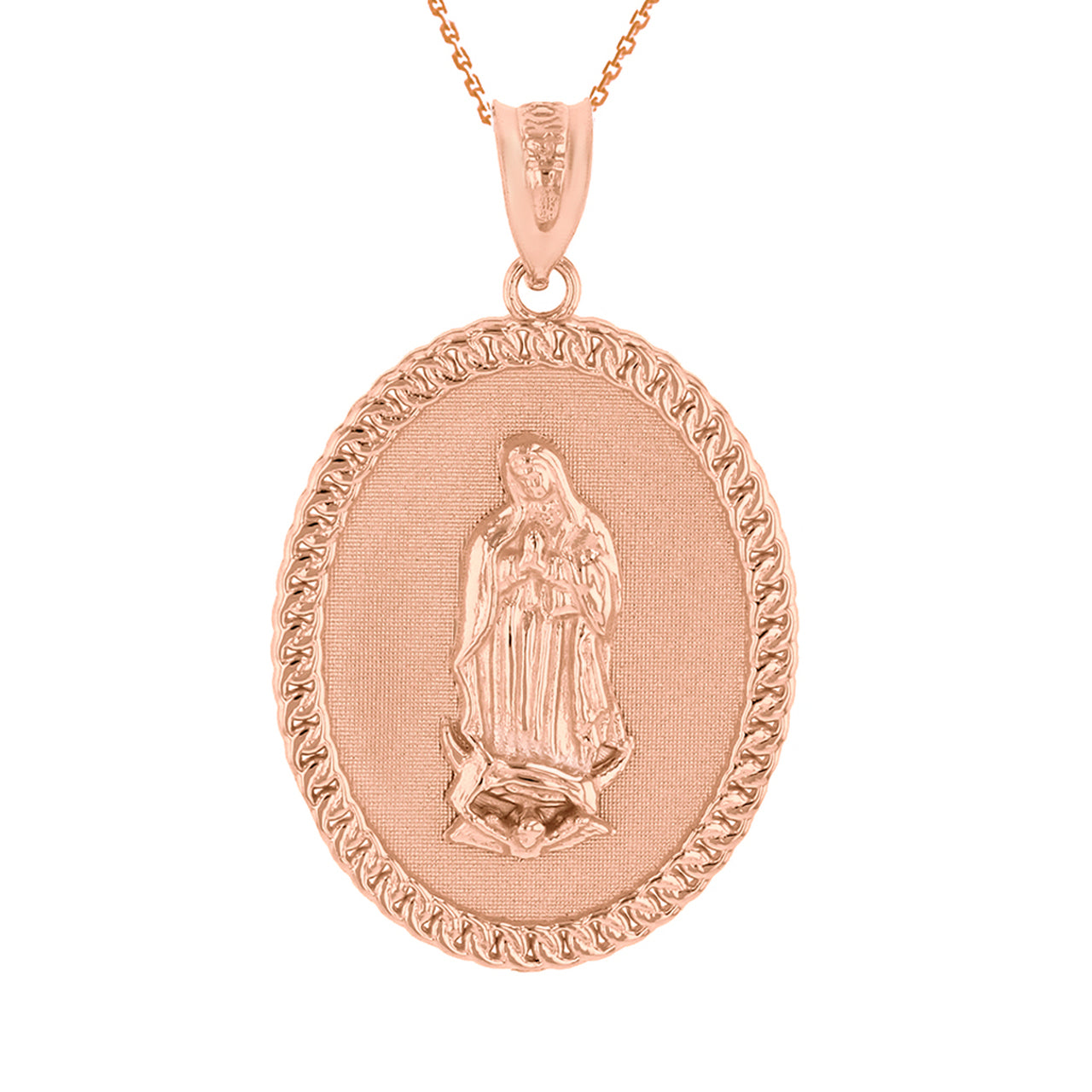 Solid Gold Cuban Link Framed Virgen de Guadalupe Oval Medallion Pendant Necklace (1.29"), view 4