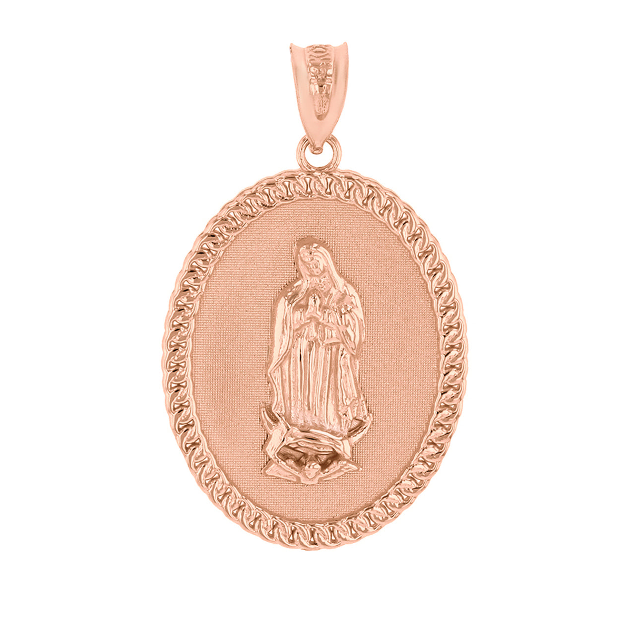 Solid Gold Cuban Link Framed Virgen de Guadalupe Oval Medallion Pendant Necklace (1.29"), view 5