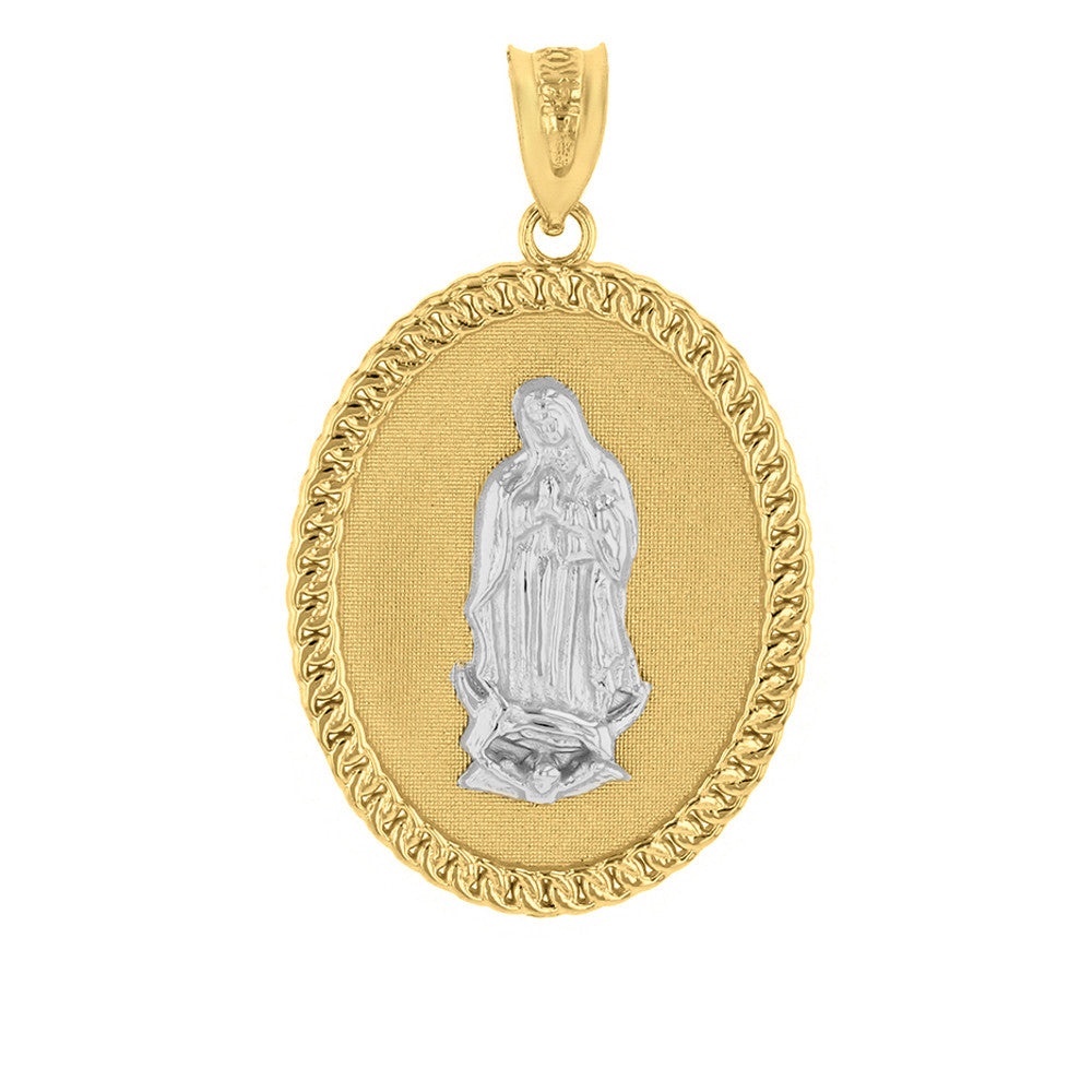 Solid Gold Cuban Link Framed Virgen de Guadalupe Oval Medallion Pendant Necklace (1.29"), view 9