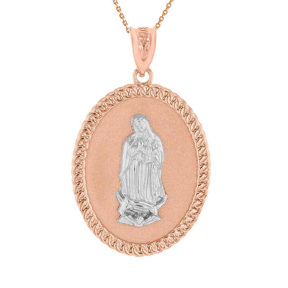 Solid Gold Cuban Link Framed Virgen de Guadalupe Oval Medallion Pendant Necklace (1.29"), view 10
