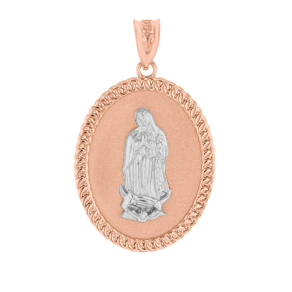 Solid Gold Cuban Link Framed Virgen de Guadalupe Oval Medallion Pendant Necklace (1.29"), view 11
