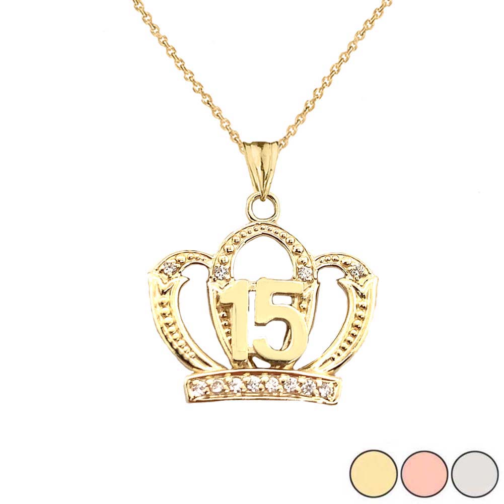 Solid Gold Cubic Zirconia Crown 15 Años Quinceañera Textured Pendant Necklace