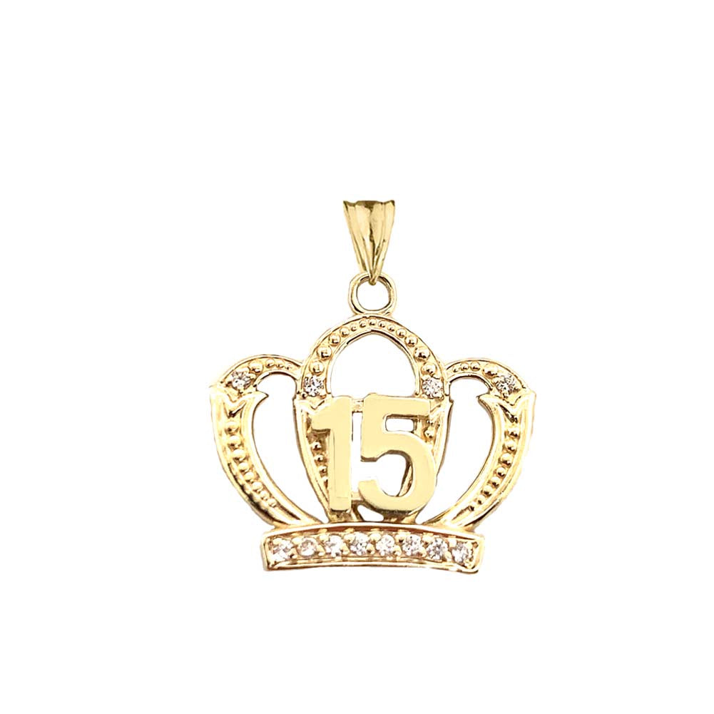 Solid Gold Cubic Zirconia Crown 15 Años Quinceañera Textured Pendant Necklace, view 2