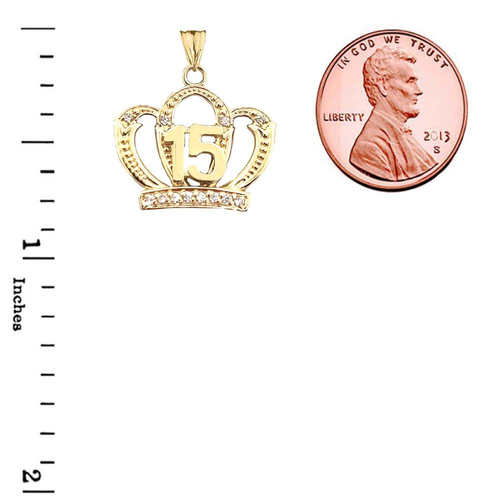 Solid Gold Cubic Zirconia Crown 15 Años Quinceañera Textured Pendant Necklace, view 3