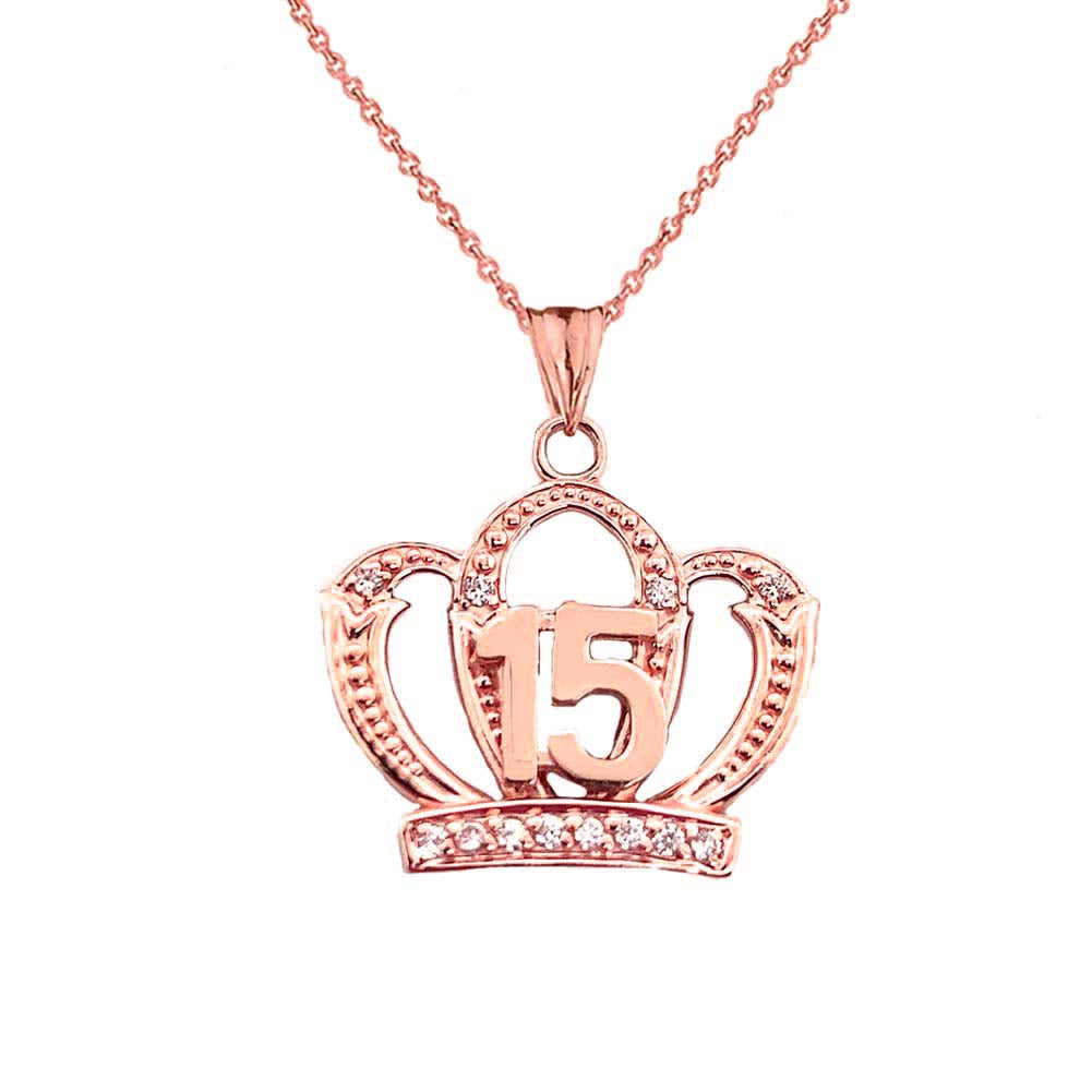 Solid Gold Cubic Zirconia Crown 15 Años Quinceañera Textured Pendant Necklace, view 4