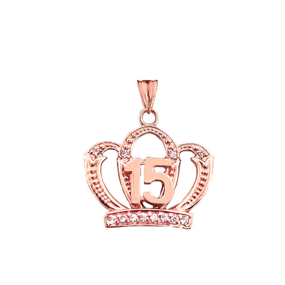 Solid Gold Cubic Zirconia Crown 15 Años Quinceañera Textured Pendant Necklace, view 5