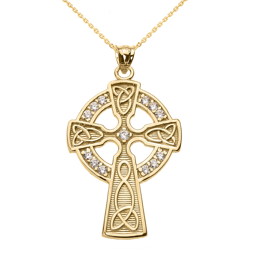 Solid Gold Cubic Zirconia Trinity Knot Celtic Cross Pendant Necklace