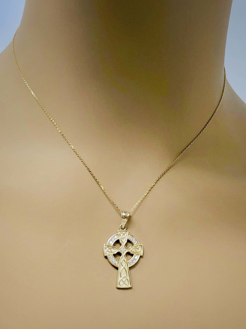 Solid Gold Cubic Zirconia Trinity Knot Celtic Cross Pendant Necklace, view 5