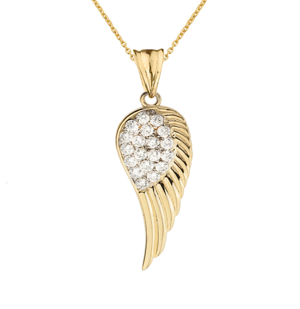 Solid Gold CZ Angel Wing Pendant Necklace