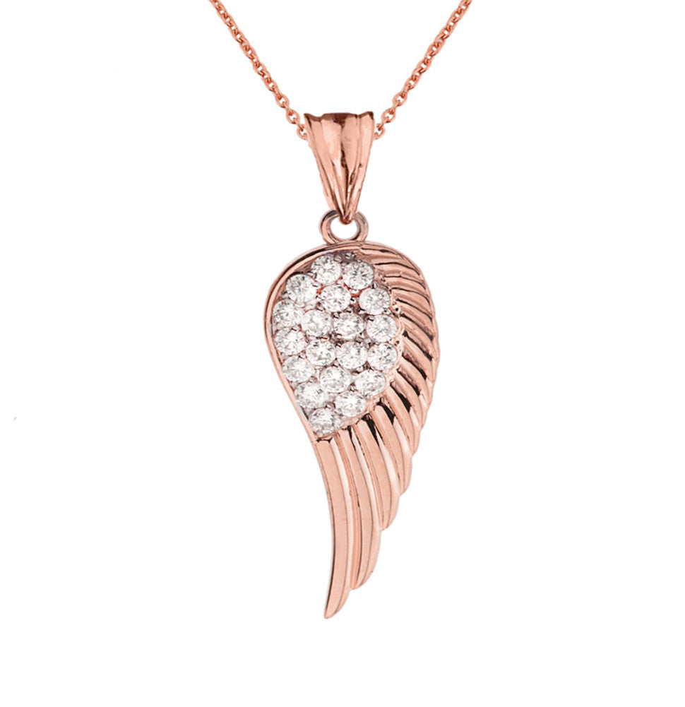 Solid Gold CZ Angel Wing Pendant Necklace, view 2