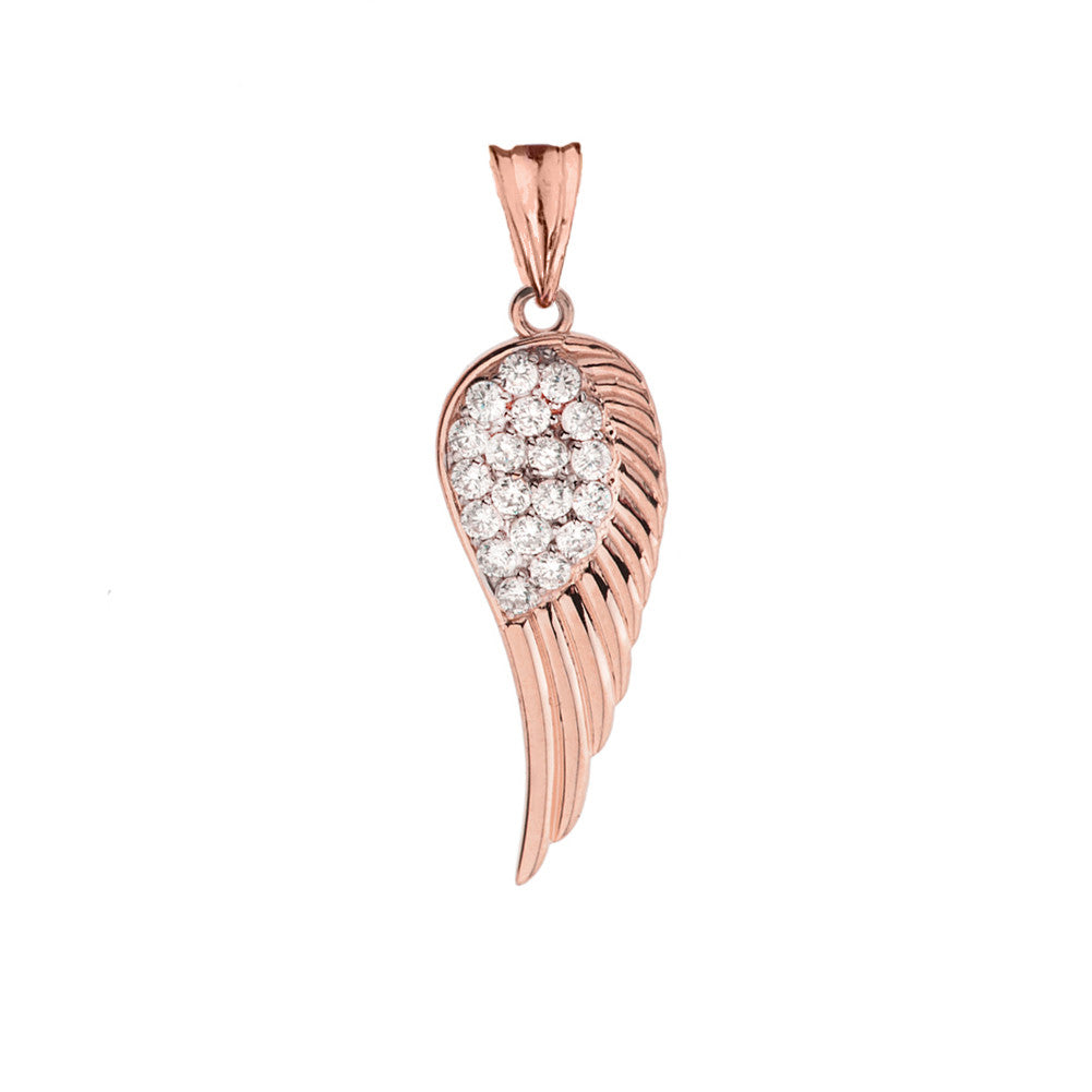 Solid Gold CZ Angel Wing Pendant Necklace, view 6