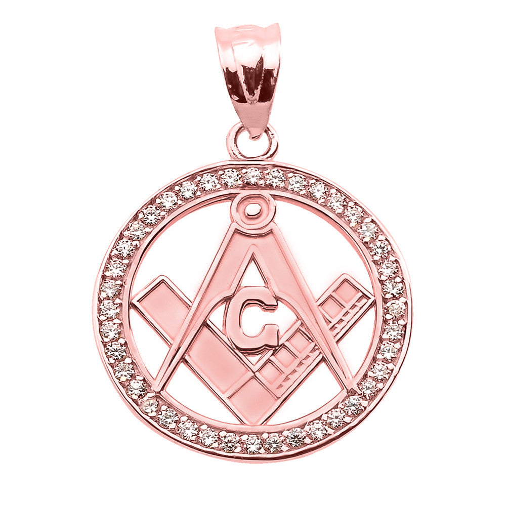 Solid Gold CZ Studded Freemason Square & Compass Round Pendant, view 2