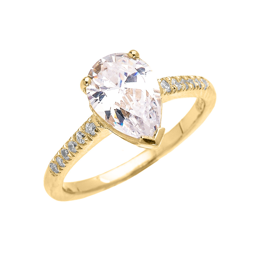Solid Gold Dainty Pear Shape Cubic Zirconia Solitaire Proposal Ring