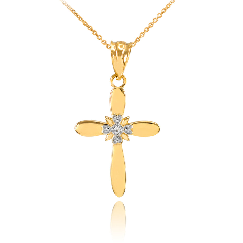 Solid Gold Dainty Solitaire Diamond Cross Charm Pendant Necklace