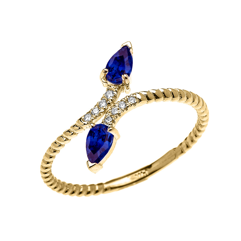 Solid Gold Dainty Two Stone Pear Shape Sapphire and Diamond Rope Design Promise Ring