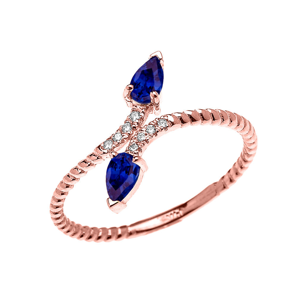 Solid Gold Dainty Two Stone Pear Shape Sapphire and Diamond Rope Design Promise Ring, view 2