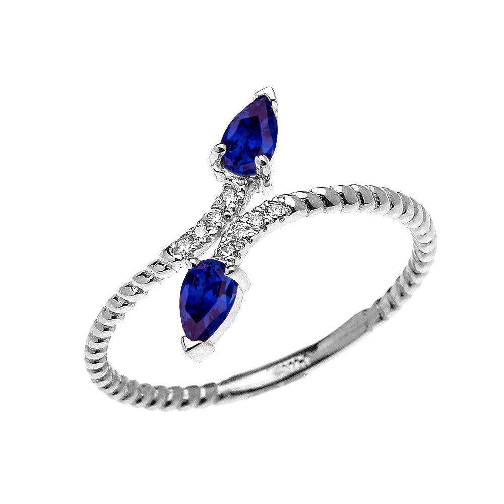 Solid Gold Dainty Two Stone Pear Shape Sapphire and Diamond Rope Design Promise Ring, view 3