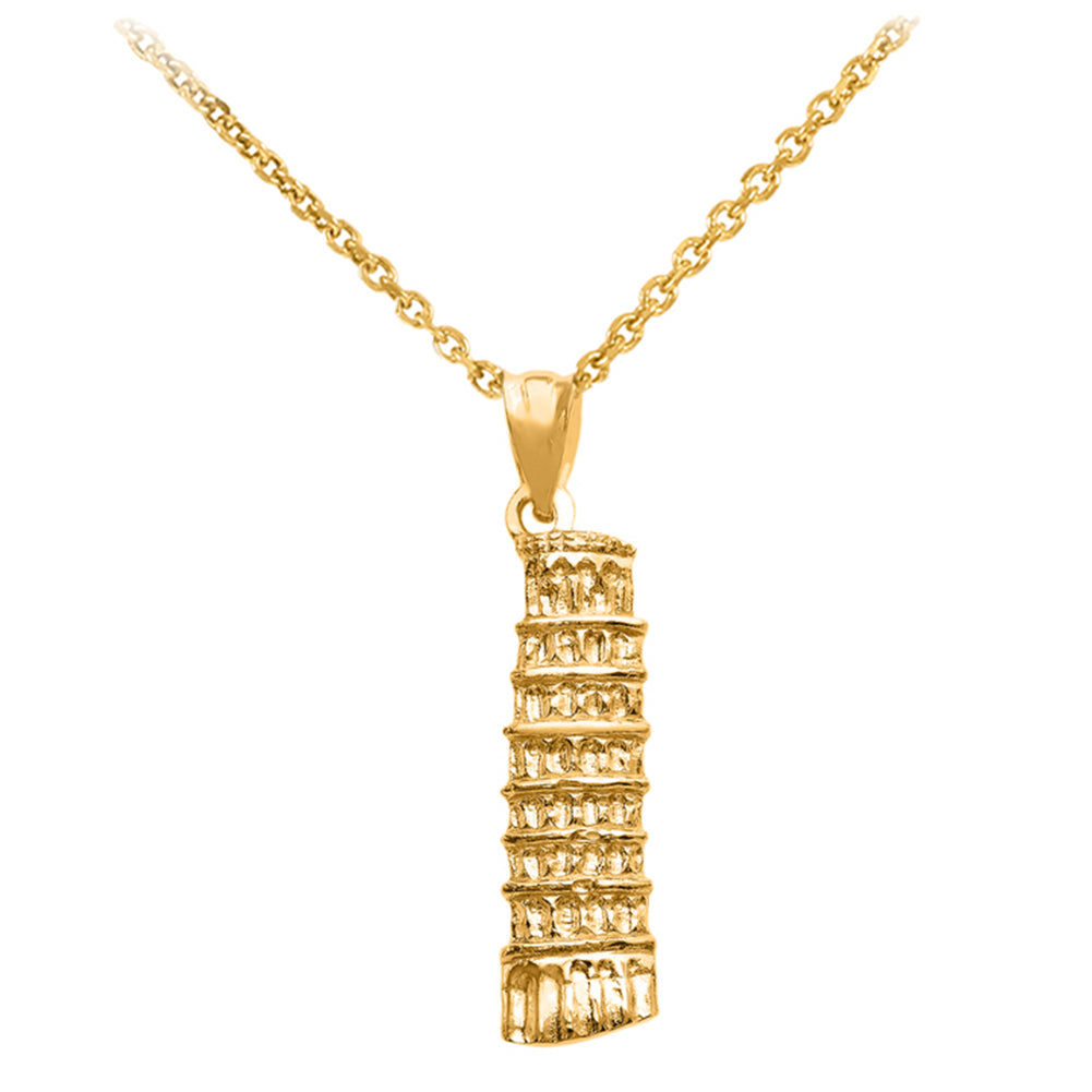 Solid Gold Detailed Leaning Tower Of Pisa Pendant Necklace