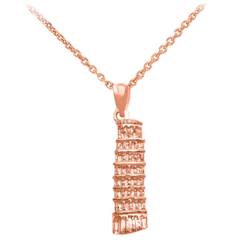 Solid Gold Detailed Leaning Tower Of Pisa Pendant Necklace, view 3