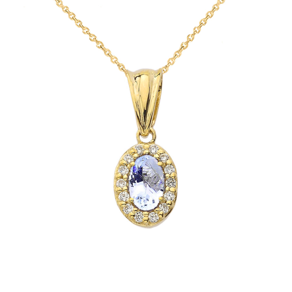 Solid Gold Diamond & Genuine Aquamarine Pendant Necklace