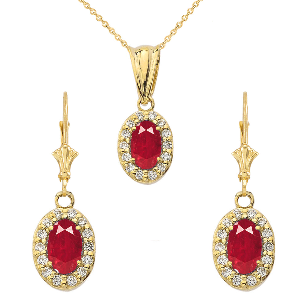 Solid Gold Diamond and Ruby Oval Pendant Necklace and Earrings Set