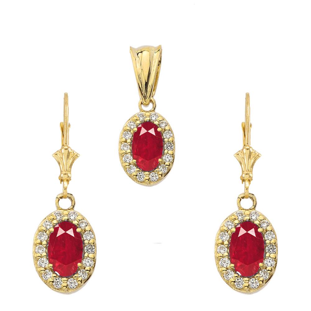 Solid Gold Diamond and Ruby Oval Pendant Necklace and Earrings Set, view 2