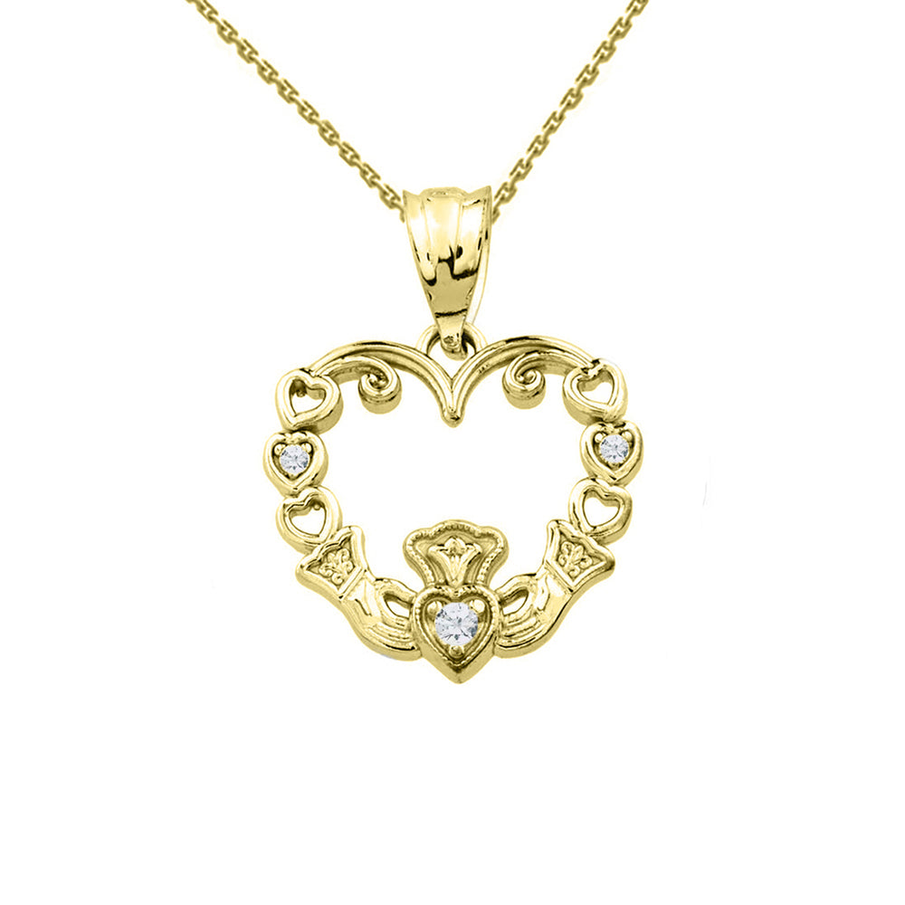 Solid Gold Diamond Claddagh Open Heart Pendant Necklace