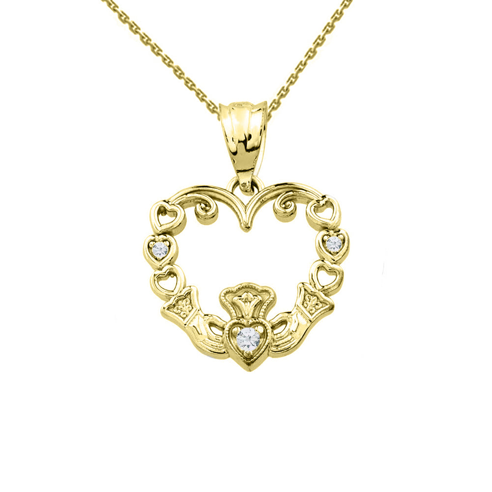 Solid Gold Diamond Claddagh Open Heart Pendant Necklace